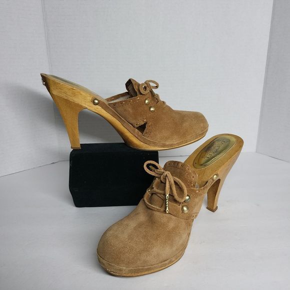 Michael Kors Brown Suede Leather & Wood Slide Heel Platform Mules Size 11 M - Picture 1 of 9